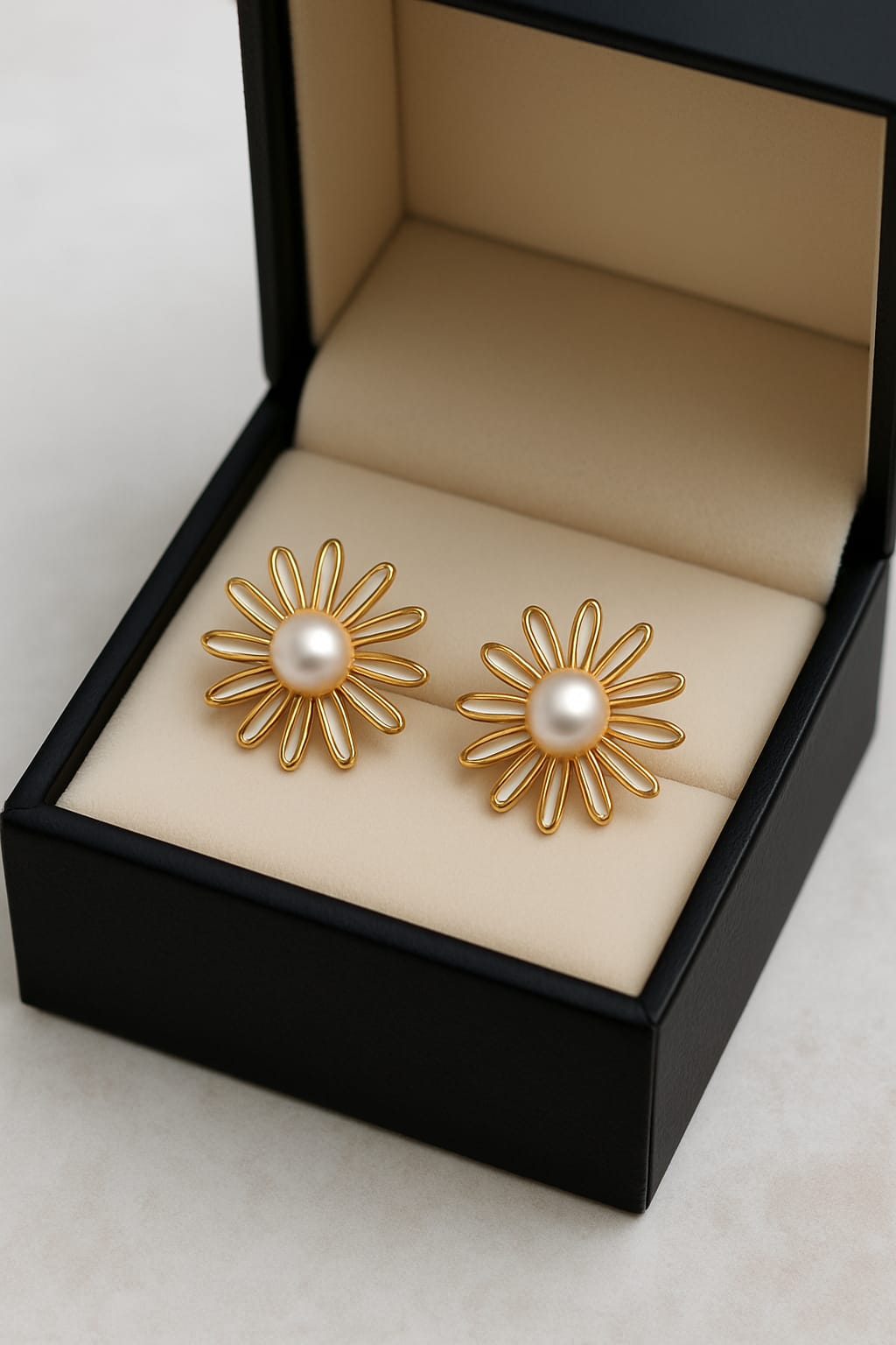 Sunflower Pearl Stud Earrings in Gold Finish