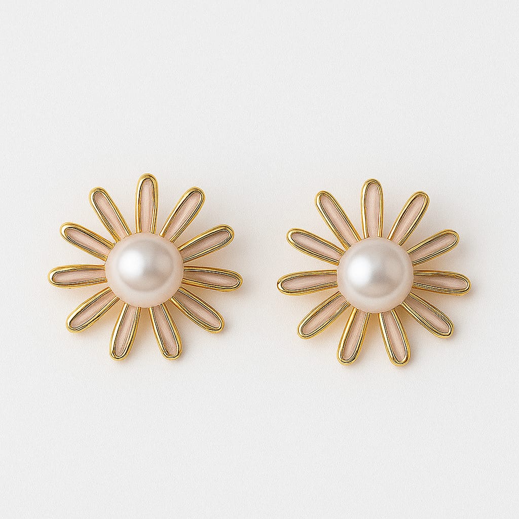 Sunflower Pearl Stud Earrings in Gold Finish